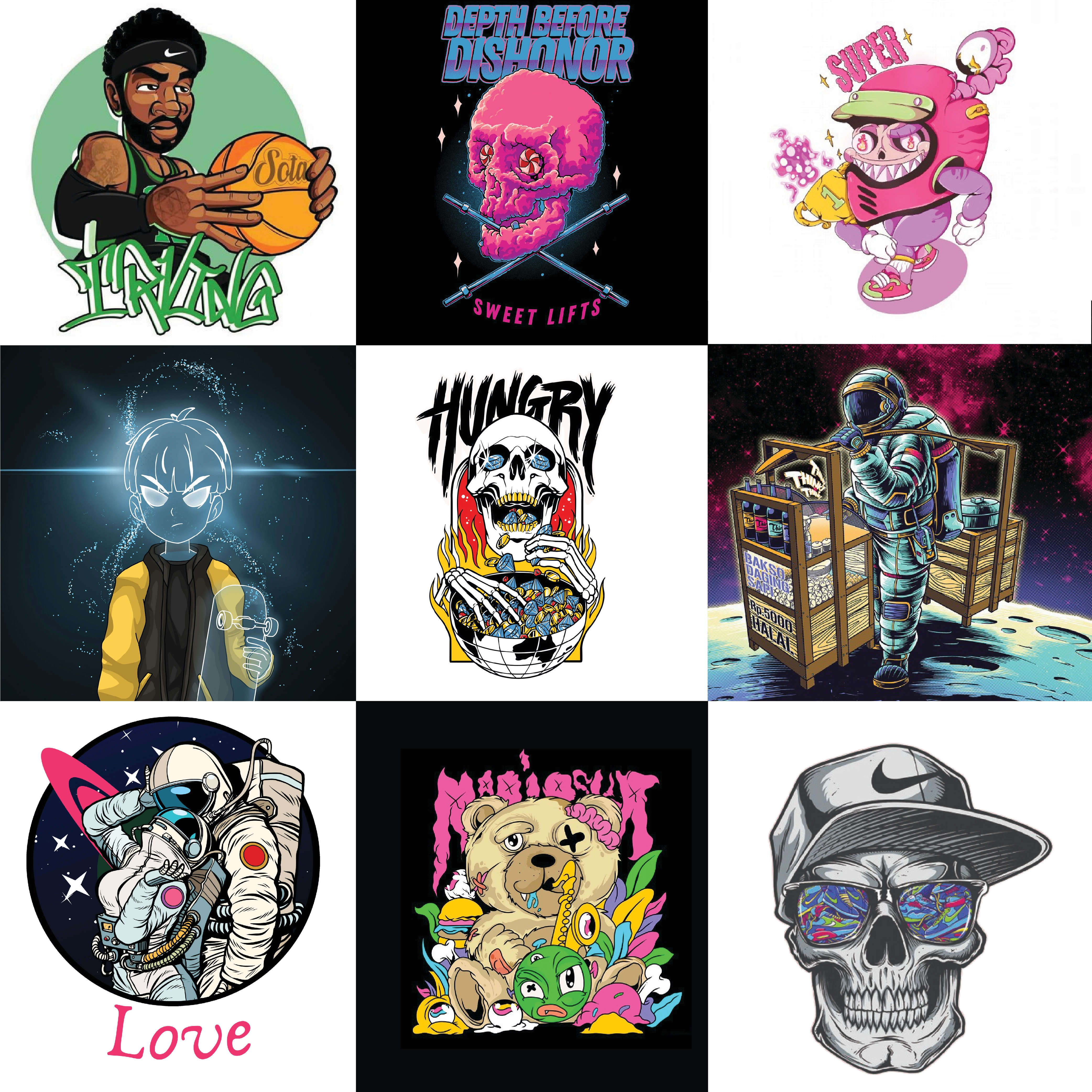 A grid of nine pop-culture and fantasy-style illustrations featuring a variety of characters, including Kyrie Irving, several detailed skulls, astronauts, and a cartoon bear.