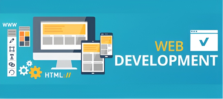 An infographic illustrating "WEB DEVELOPMENT," showing responsive website design on a desktop, tablet, and smartphone, alongside web design and coding icons.