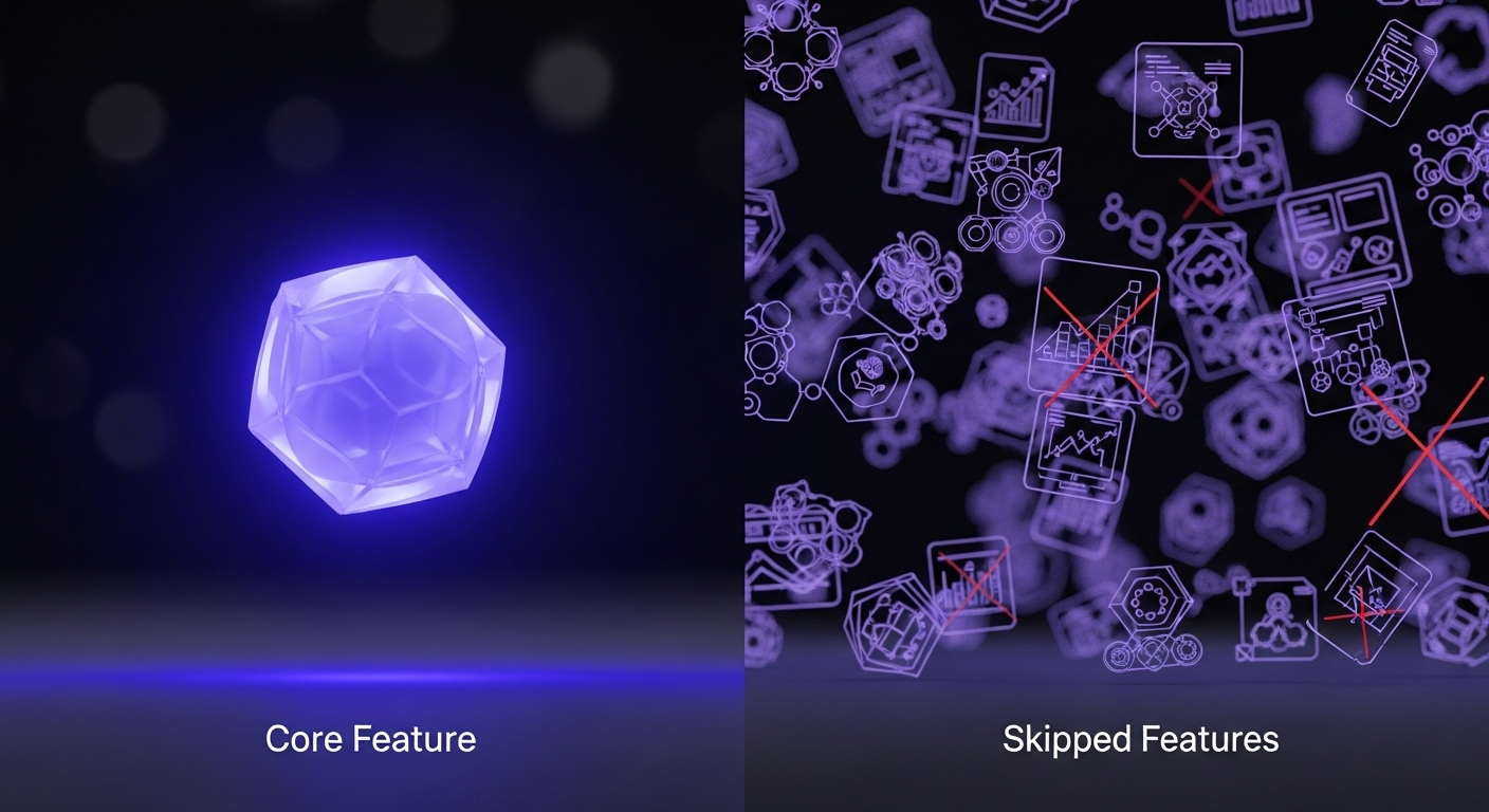 An illustration showing a comparison between a minimalist MVP with a few key features and a complex, bloated product with many unnecessary features.