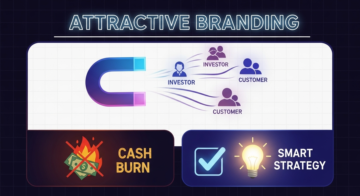 An illustration depicting business people being attracted by two large magnets towards a central glowing sign that reads `NO CASH BURN` symbolizing customer and investor attraction without excessive spending.
